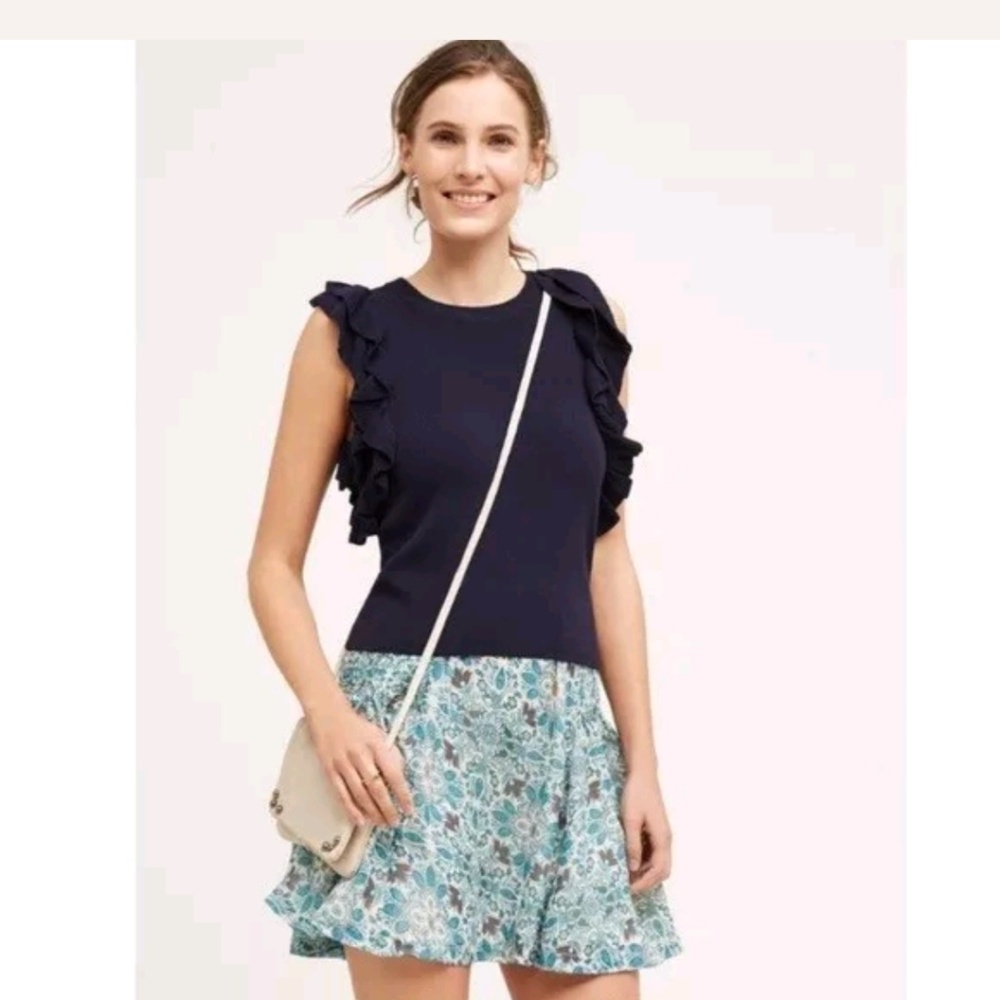 Anthro Knitted & Knotted Navy Ruffle Sweater NWOT